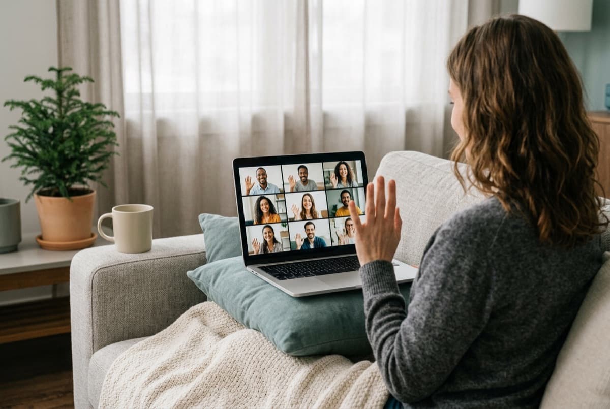 A Freeme Circle member joining the weekly call from the sofa, waving to the group on a laptop screen.